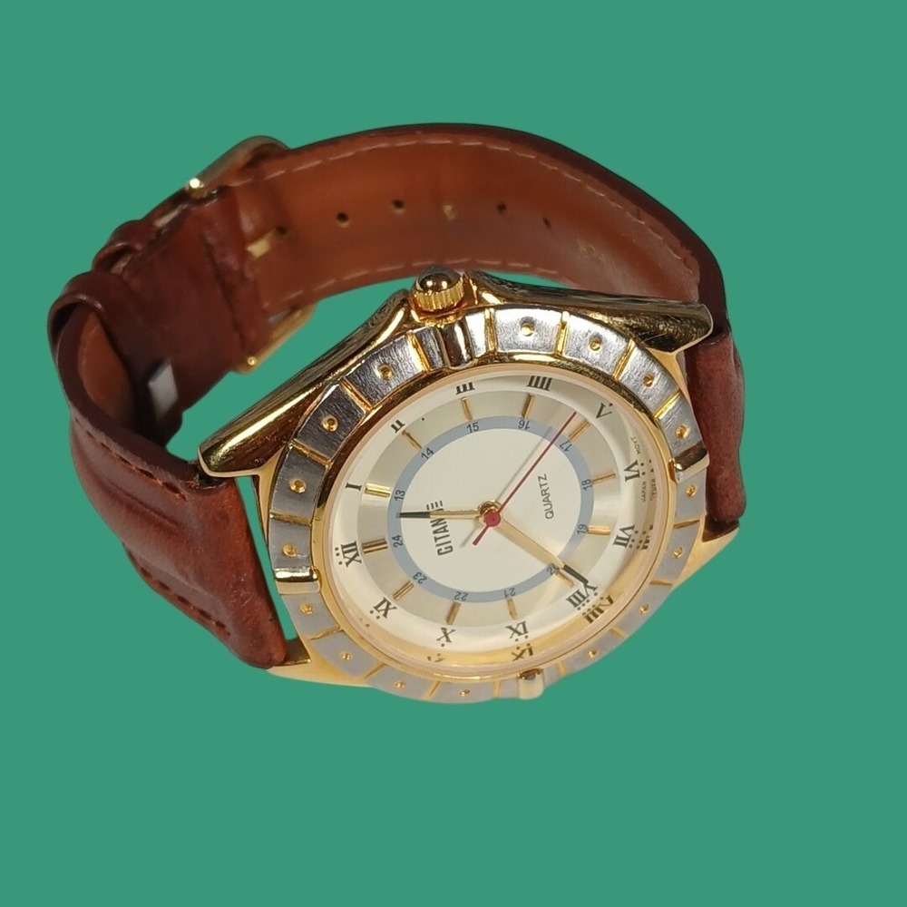 Gitane Quartz Watch Mens Brown Gold Two Tone Dress Casual 1990s Vintage
